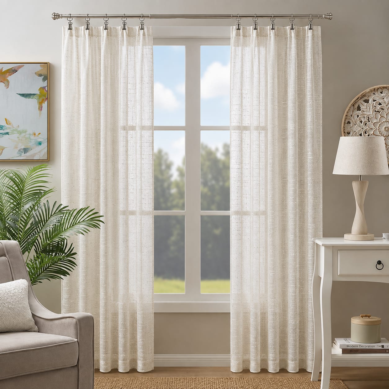 Sasha Linen sheers hung from clip rings in a bright room
