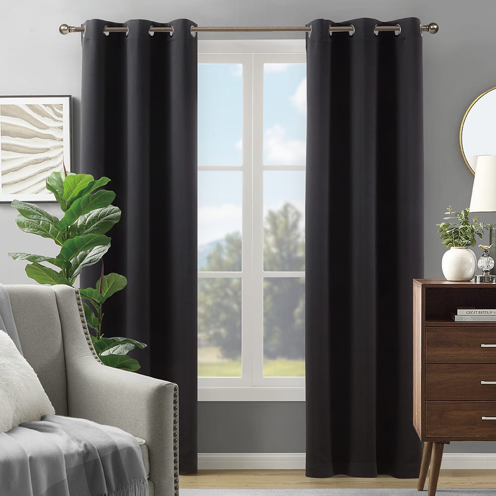 Black Alona curtains at a tall window