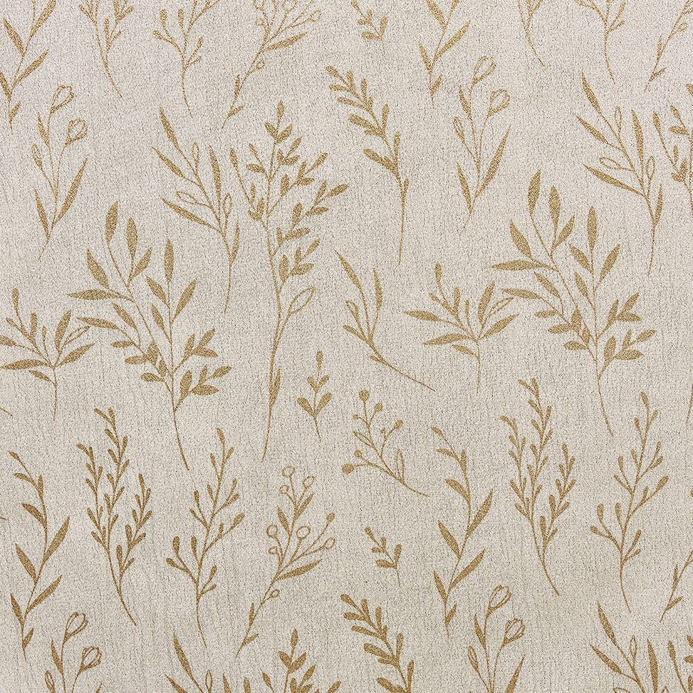 Close-up of the Golden Leaves print: slender sprigs of leaves in gold foil on a natural ground