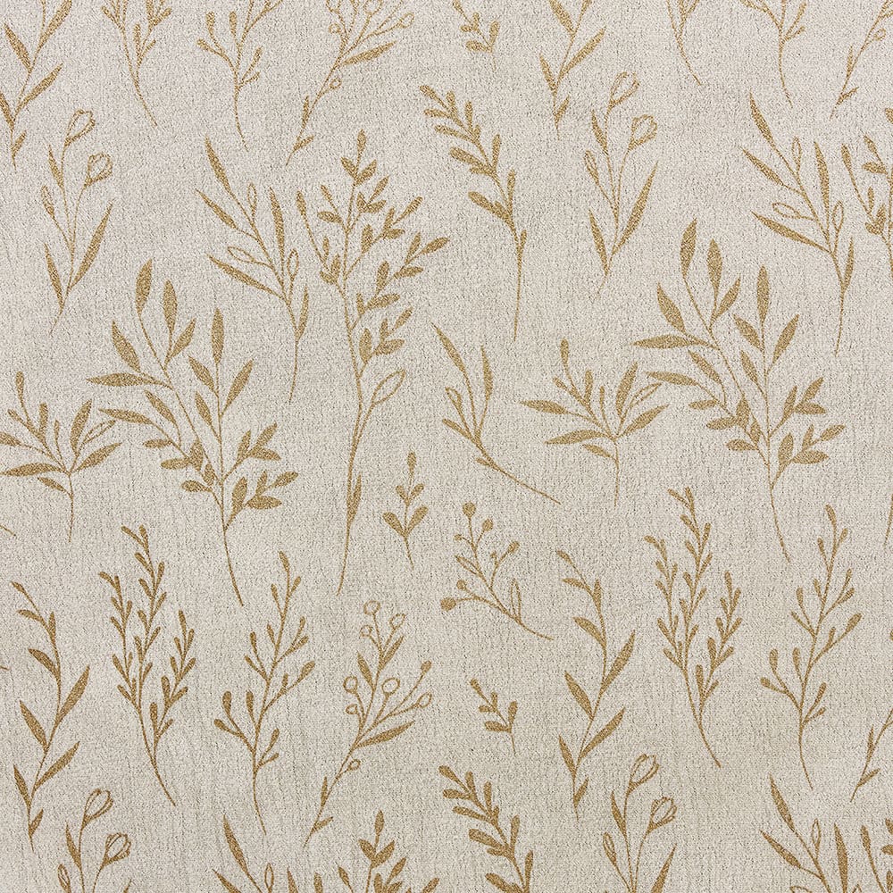 Flat close-up of the Golden Leaves fabric: sprigs of leaves in gold foil on a natural ground