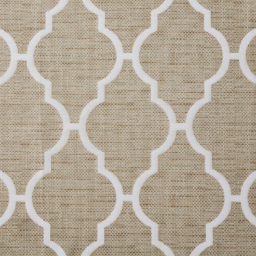 Close-up of the Trellis print: a white ogee lattice on a woven natural ground