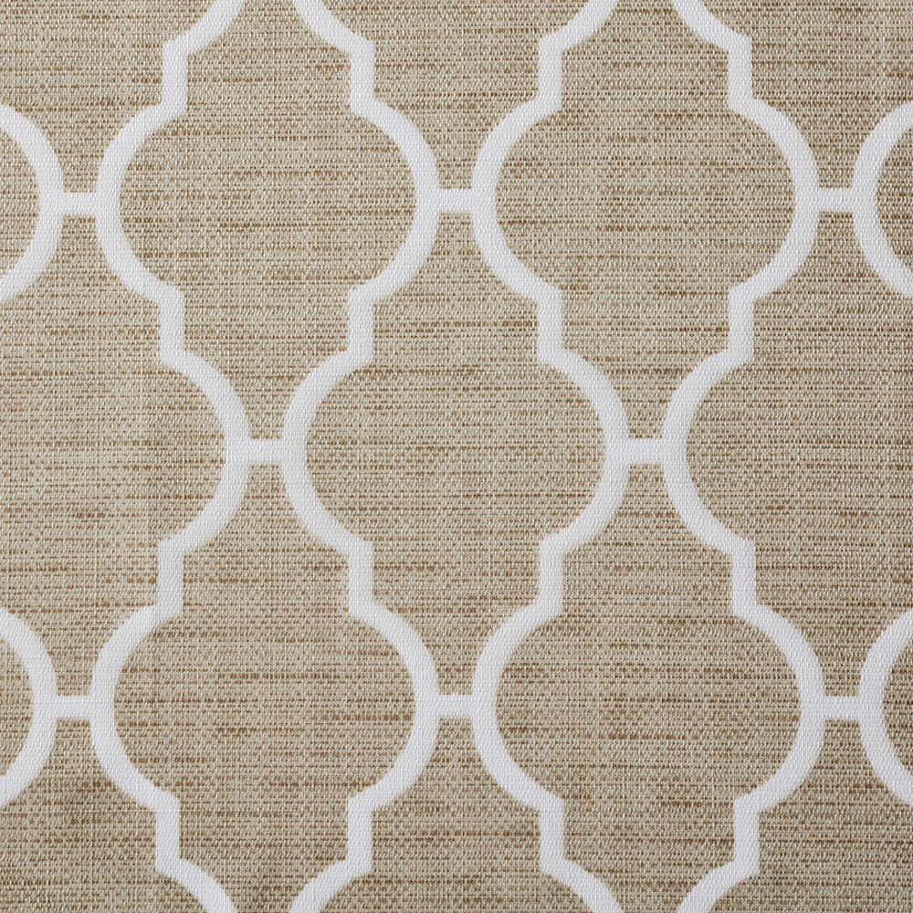 Close-up of the Trellis print: a white ogee lattice on a woven natural ground